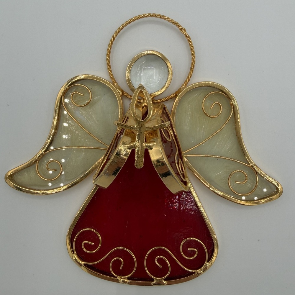 Vintage Red Angel Gold Tone Stained Glass Sun Catcher Winged Holiday Decor